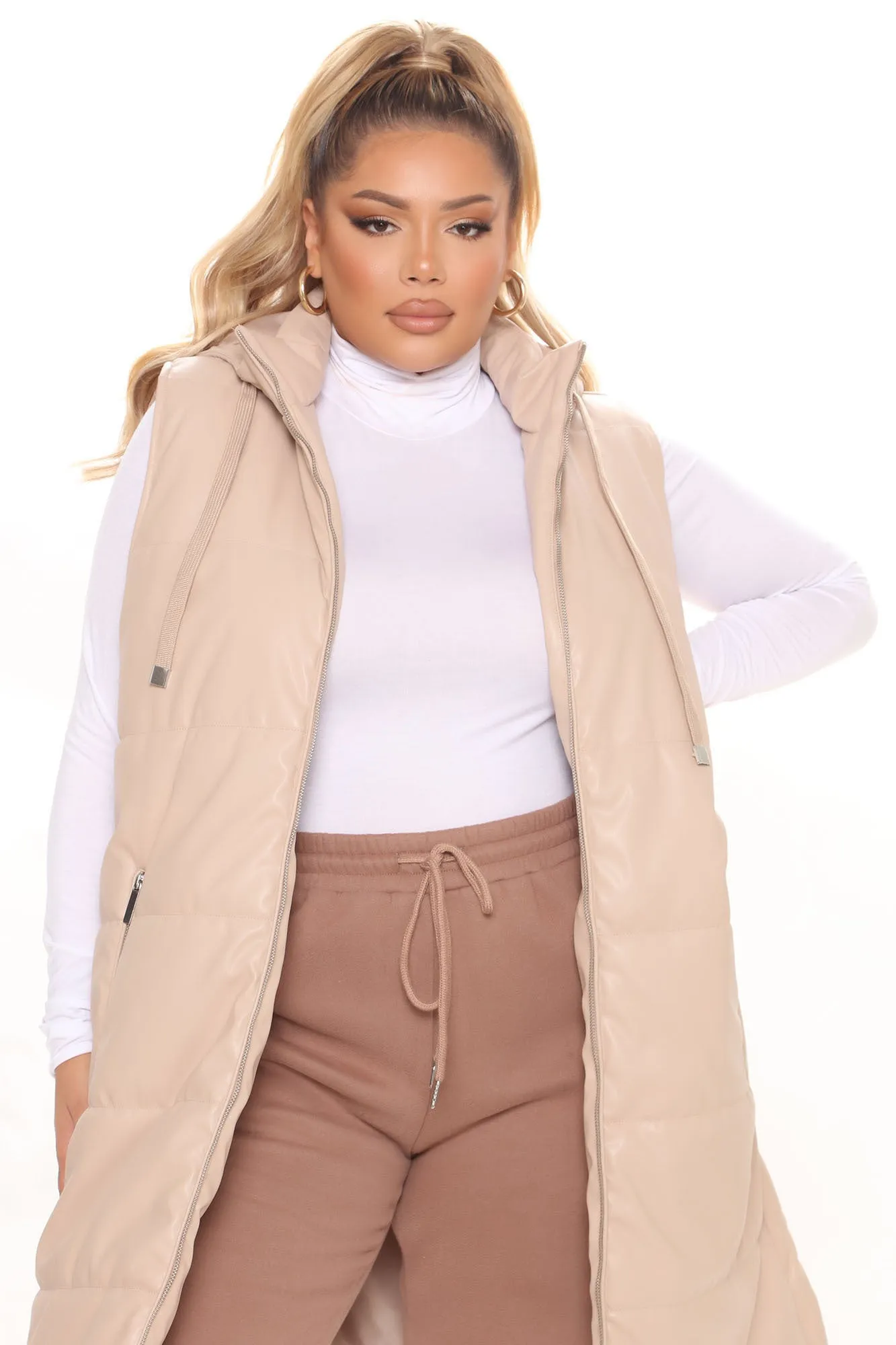 Acting Up Faux Leather Puffer Vest - Nude