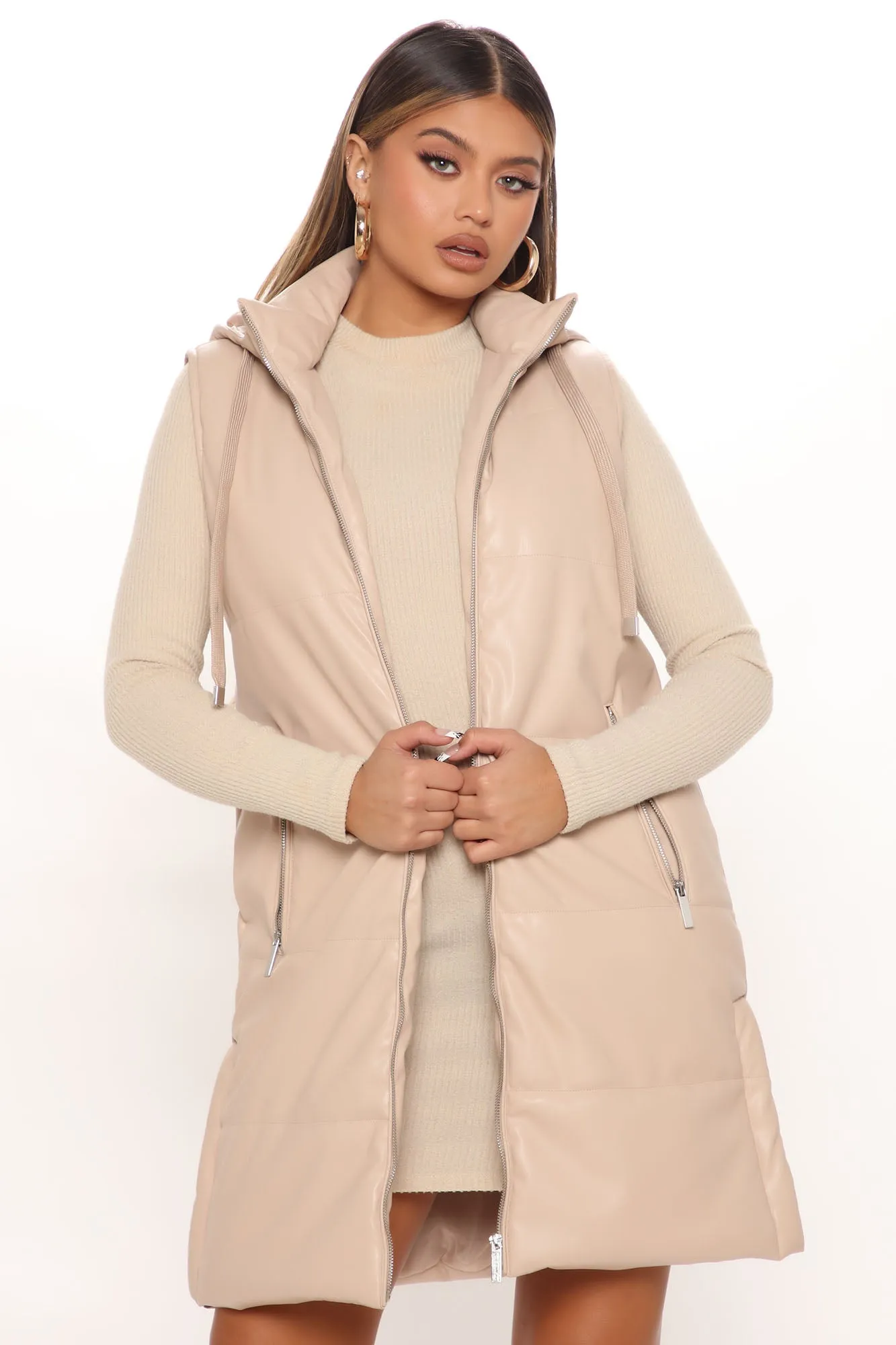 Acting Up Faux Leather Puffer Vest - Nude