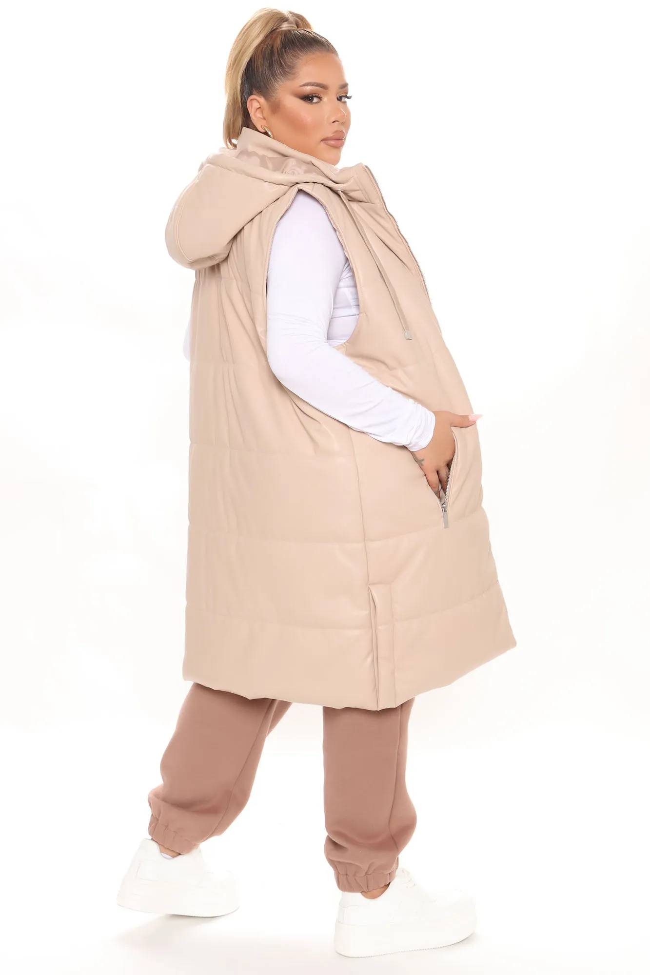 Acting Up Faux Leather Puffer Vest - Nude