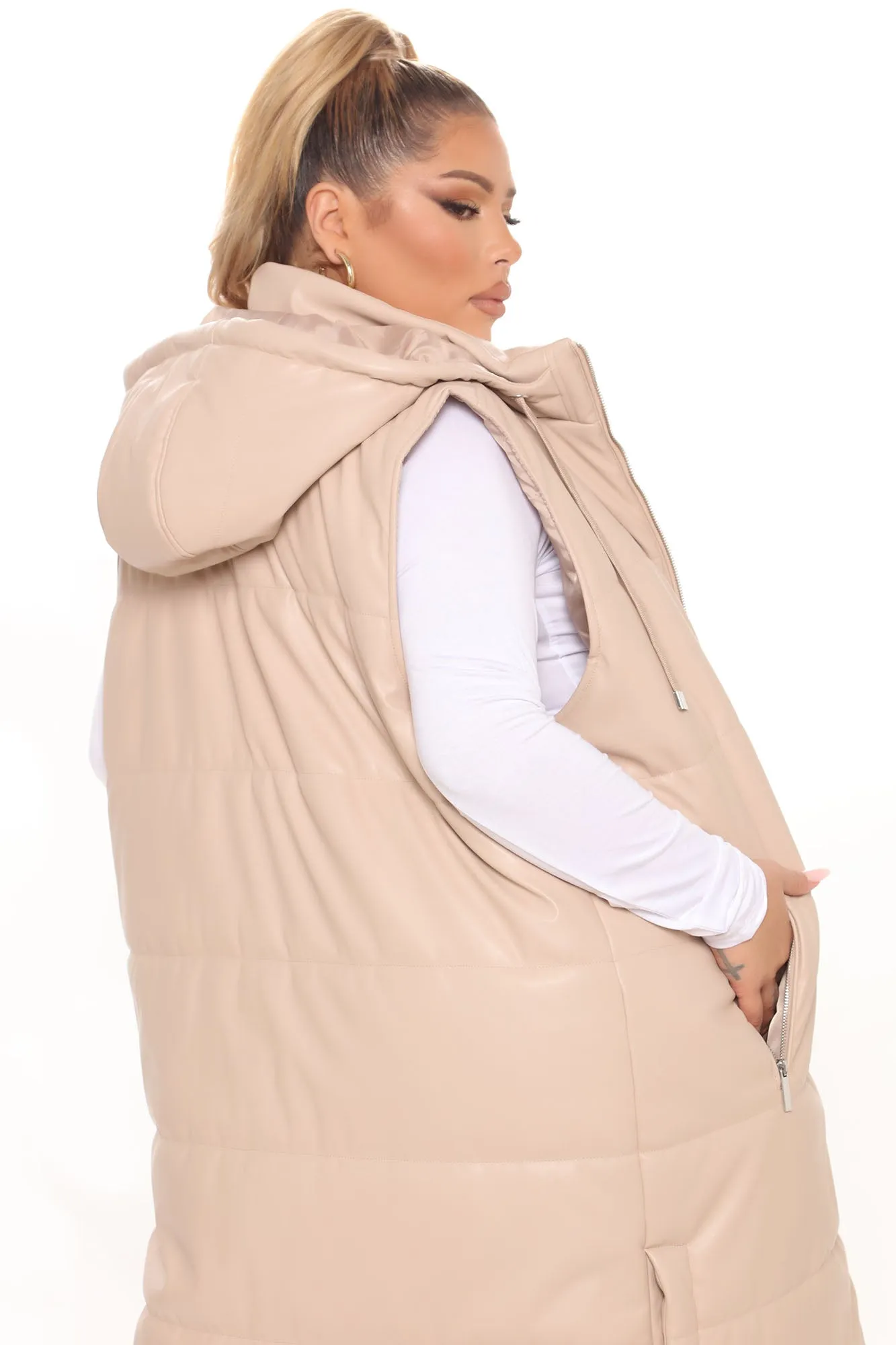Acting Up Faux Leather Puffer Vest - Nude