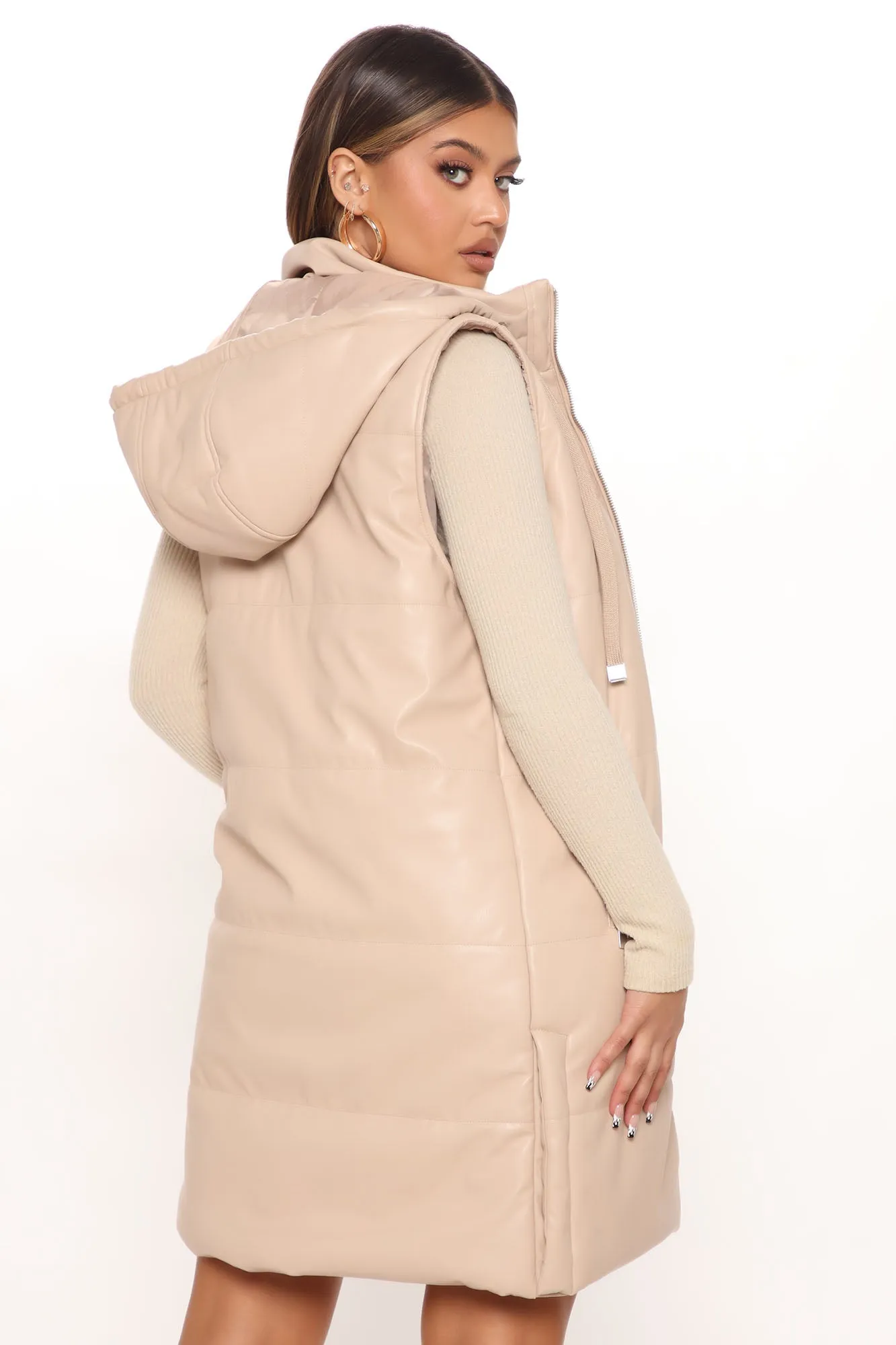 Acting Up Faux Leather Puffer Vest - Nude