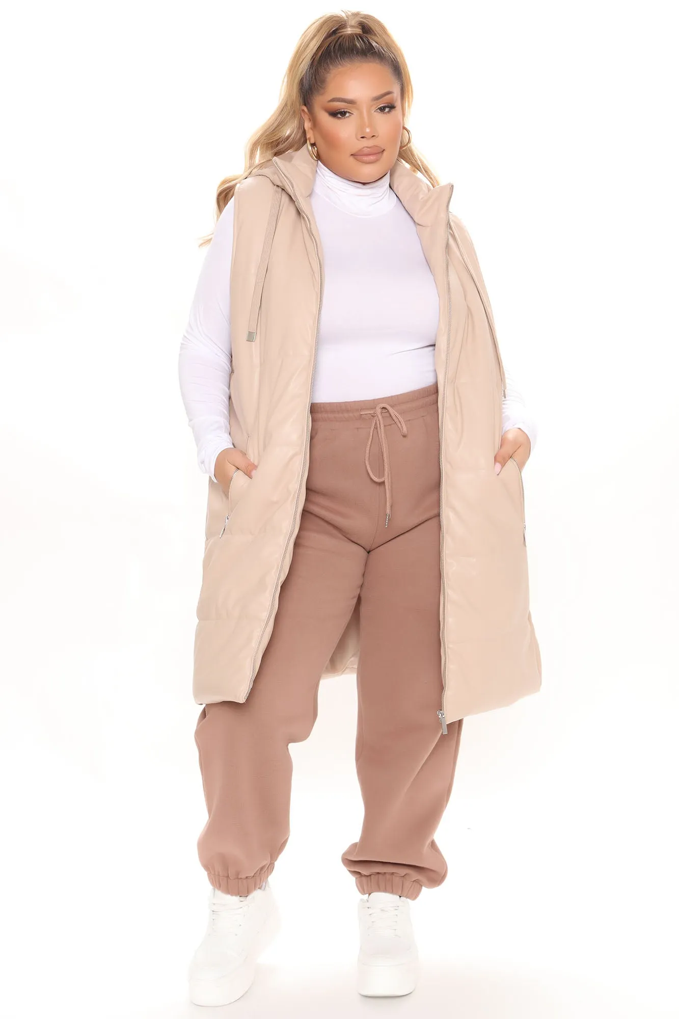 Acting Up Faux Leather Puffer Vest - Nude