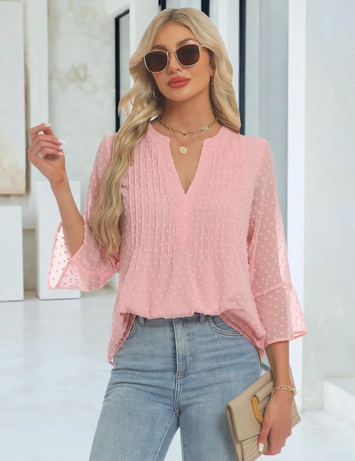AIMCOO Blouses for Women Dressy Casual 3/4 Sleeve Tops for Women Swiss Dot Double Layered Chiffon Work Tunic Shirts
