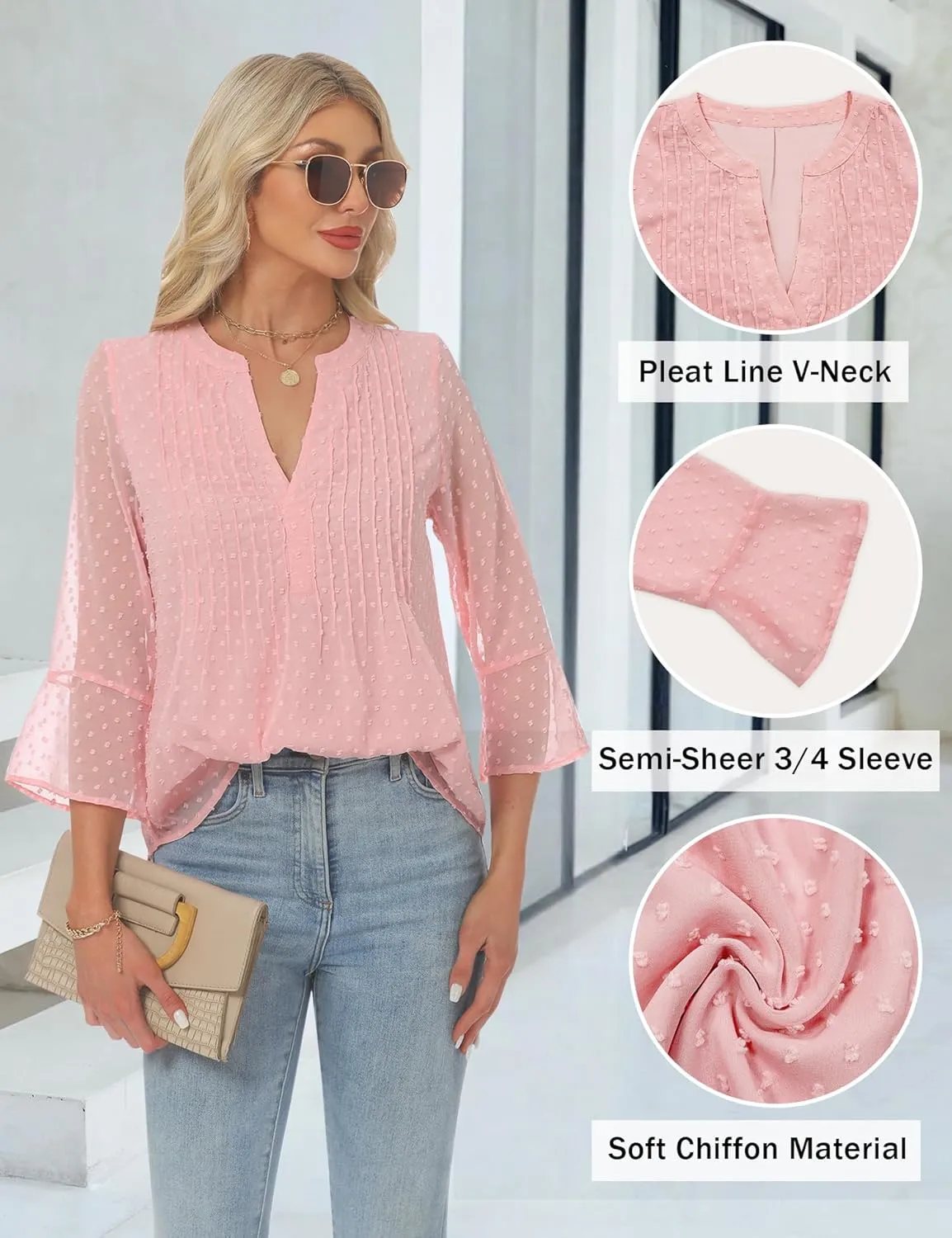 AIMCOO Blouses for Women Dressy Casual 3/4 Sleeve Tops for Women Swiss Dot Double Layered Chiffon Work Tunic Shirts