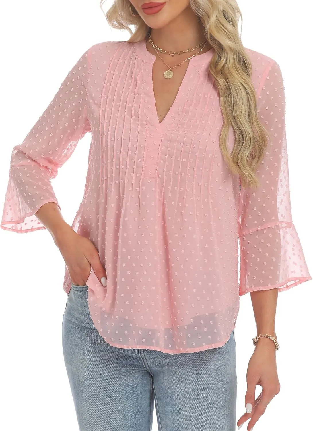 AIMCOO Blouses for Women Dressy Casual 3/4 Sleeve Tops for Women Swiss Dot Double Layered Chiffon Work Tunic Shirts