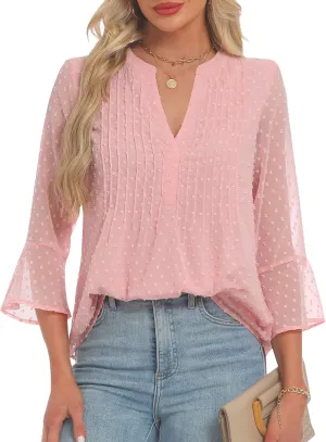 AIMCOO Blouses for Women Dressy Casual 3/4 Sleeve Tops for Women Swiss Dot Double Layered Chiffon Work Tunic Shirts