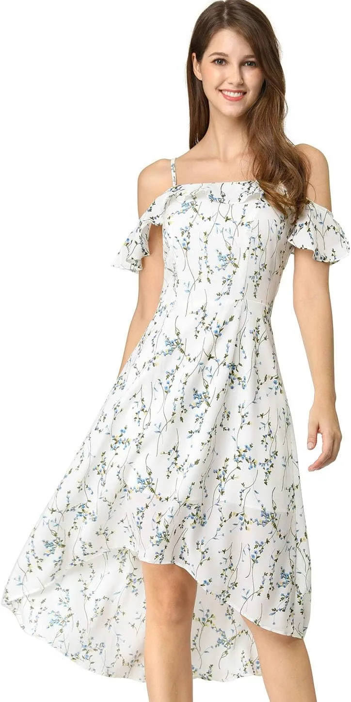 Allegra K Women's Spaghetti Strap Ruffled Sleeves Asymmetrical High Low Floral A-Line Midi Dress