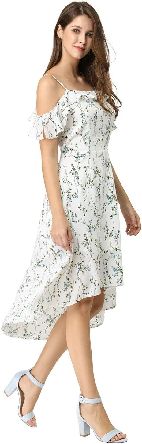 Allegra K Women's Spaghetti Strap Ruffled Sleeves Asymmetrical High Low Floral A-Line Midi Dress