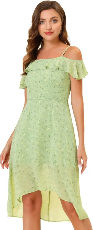 Allegra K Women's Spaghetti Strap Ruffled Sleeves Asymmetrical High Low Floral A-Line Midi Dress