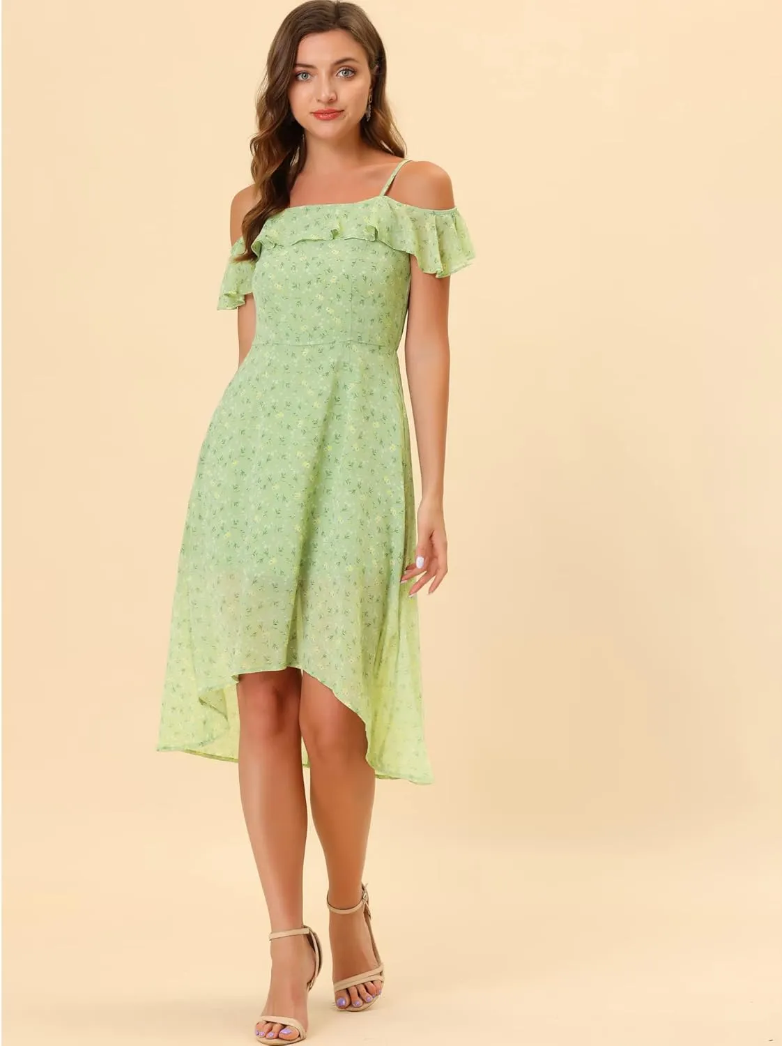 Allegra K Women's Spaghetti Strap Ruffled Sleeves Asymmetrical High Low Floral A-Line Midi Dress