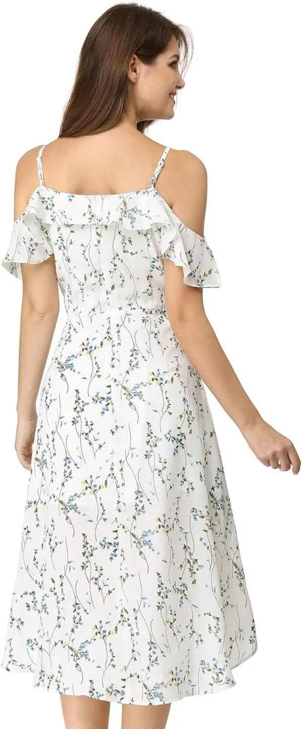 Allegra K Women's Spaghetti Strap Ruffled Sleeves Asymmetrical High Low Floral A-Line Midi Dress
