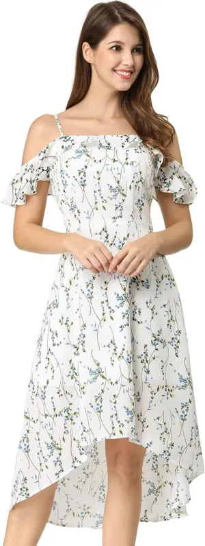 Allegra K Women's Spaghetti Strap Ruffled Sleeves Asymmetrical High Low Floral A-Line Midi Dress