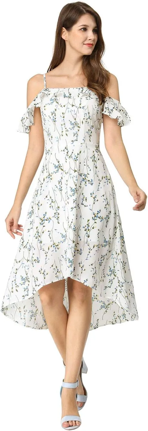 Allegra K Women's Spaghetti Strap Ruffled Sleeves Asymmetrical High Low Floral A-Line Midi Dress
