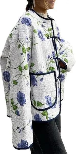 Alyweatry Quilted Jacket for Women Vintage Lightweight Padded Puffer Coat Open Front Patchwork Bomber Warm Outwear