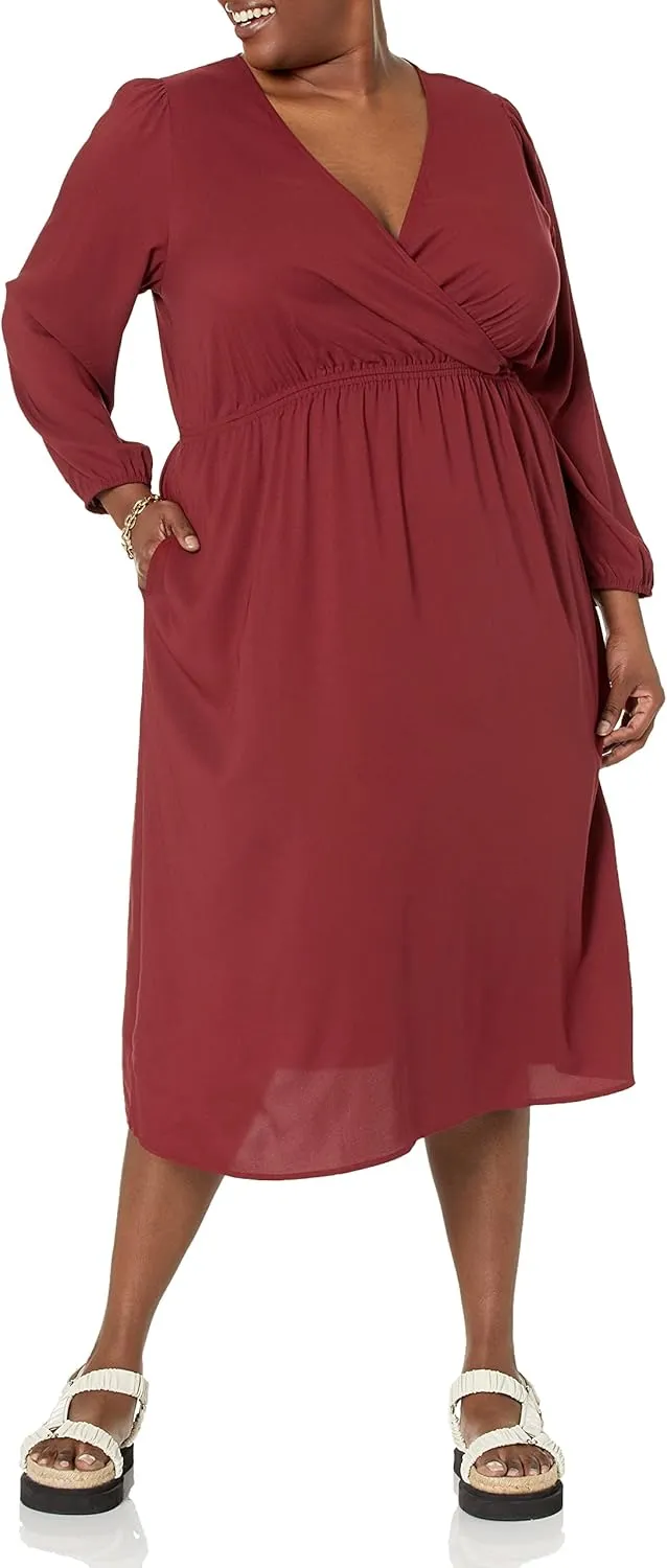 Amazon Essentials Women's Lightweight Georgette Long Sleeve V-Neck Midi Dress (Available in Plus Size)