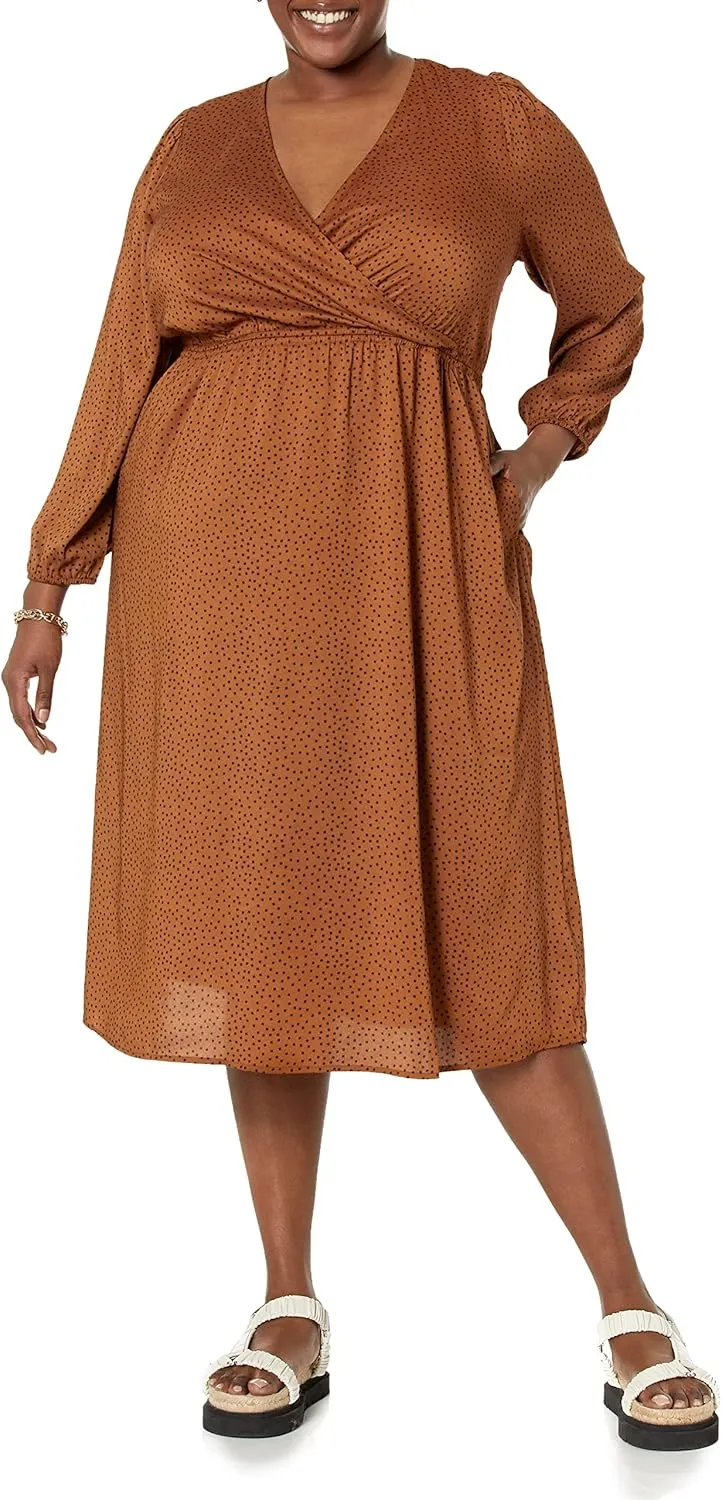 Amazon Essentials Women's Lightweight Georgette Long Sleeve V-Neck Midi Dress (Available in Plus Size)
