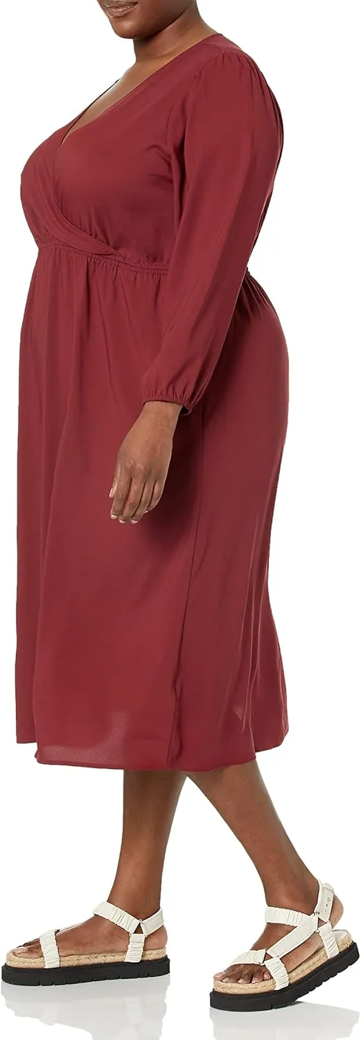 Amazon Essentials Women's Lightweight Georgette Long Sleeve V-Neck Midi Dress (Available in Plus Size)