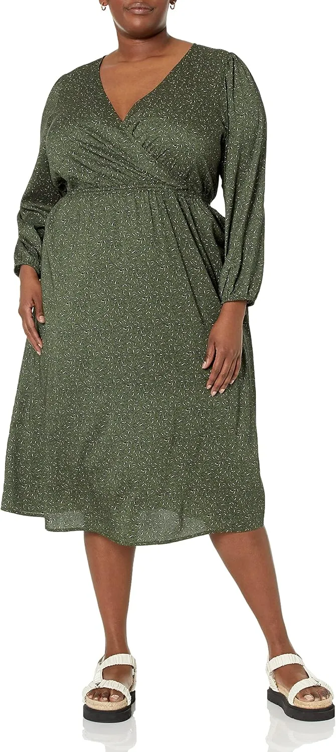 Amazon Essentials Women's Lightweight Georgette Long Sleeve V-Neck Midi Dress (Available in Plus Size)