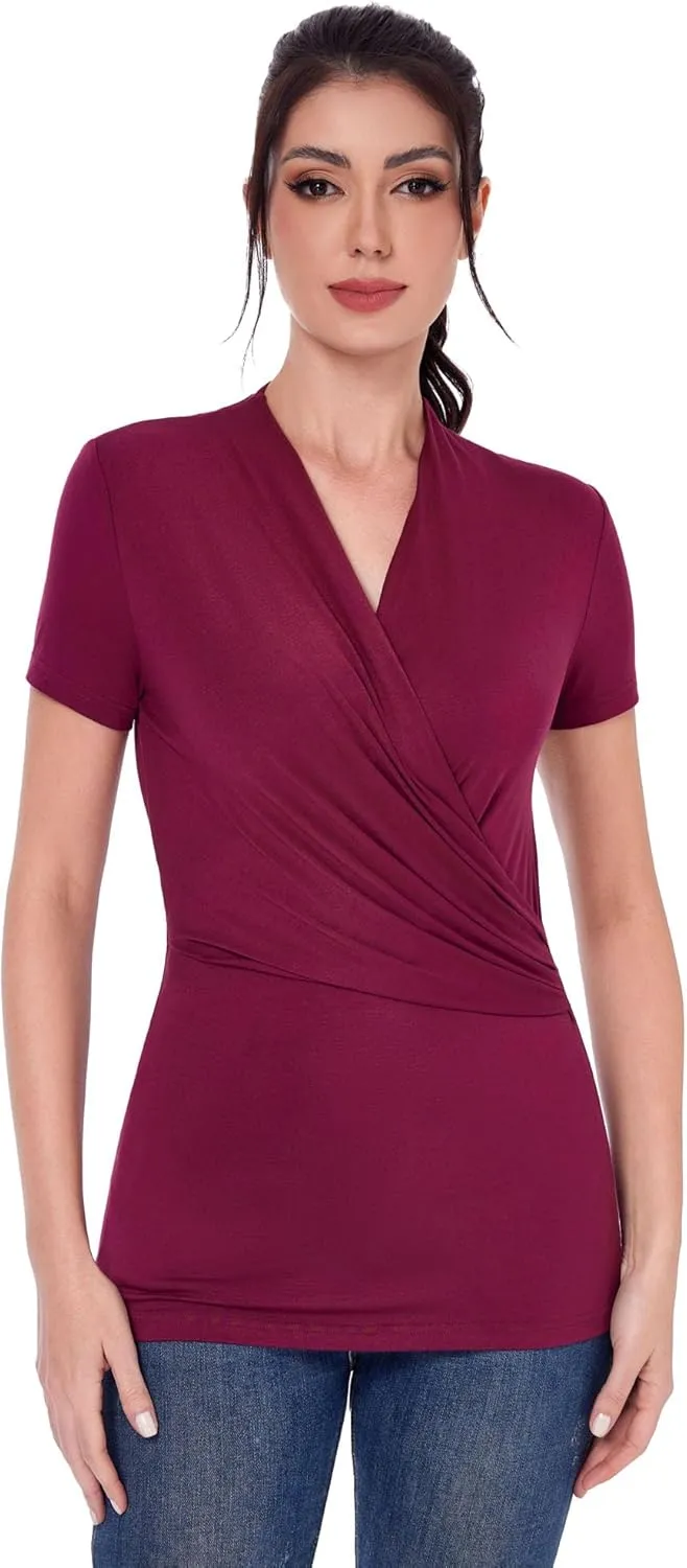 AmlieBoutik Women Casual V Neck Faux Wrap Ruched Side Short Sleeve Slim Fitted Blouse top