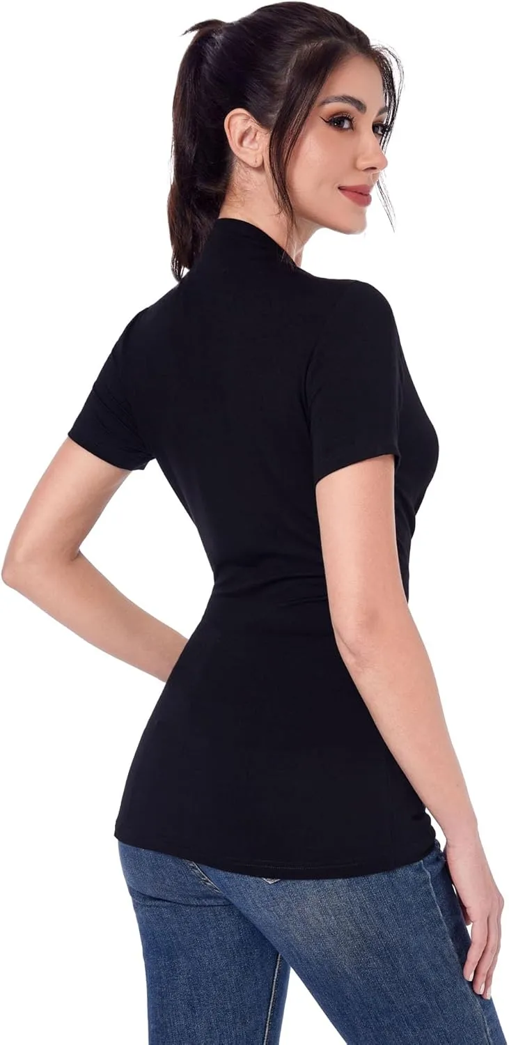 AmlieBoutik Women Casual V Neck Faux Wrap Ruched Side Short Sleeve Slim Fitted Blouse top