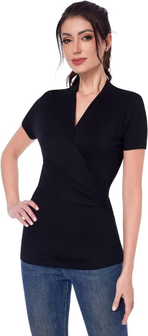 AmlieBoutik Women Casual V Neck Faux Wrap Ruched Side Short Sleeve Slim Fitted Blouse top