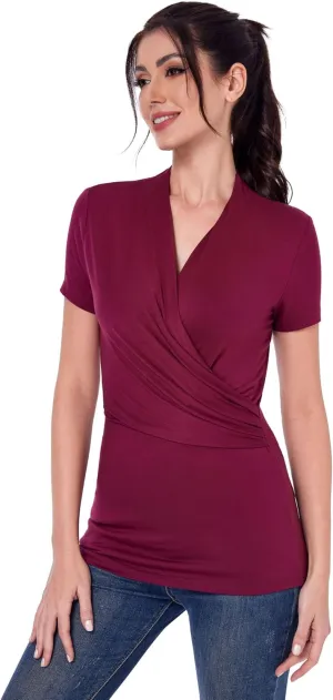 AmlieBoutik Women Casual V Neck Faux Wrap Ruched Side Short Sleeve Slim Fitted Blouse top
