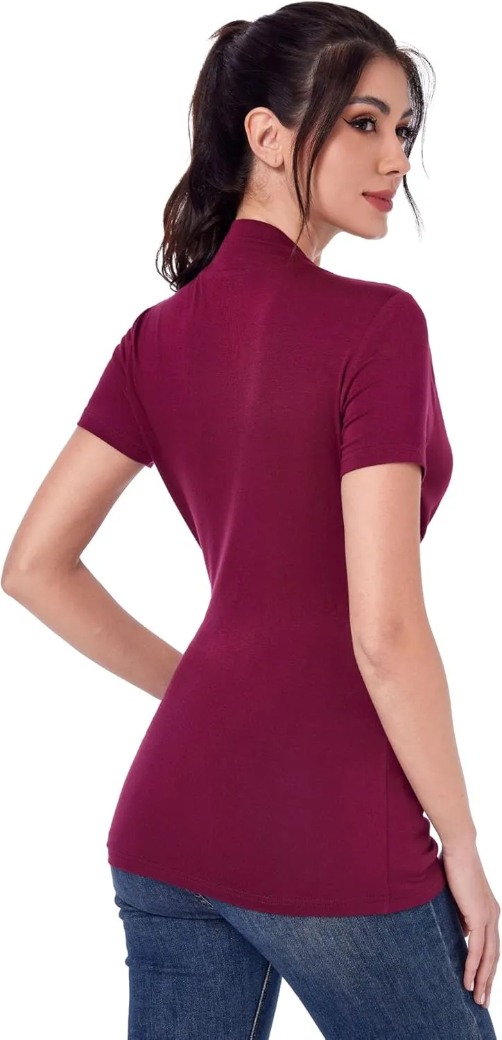 AmlieBoutik Women Casual V Neck Faux Wrap Ruched Side Short Sleeve Slim Fitted Blouse top