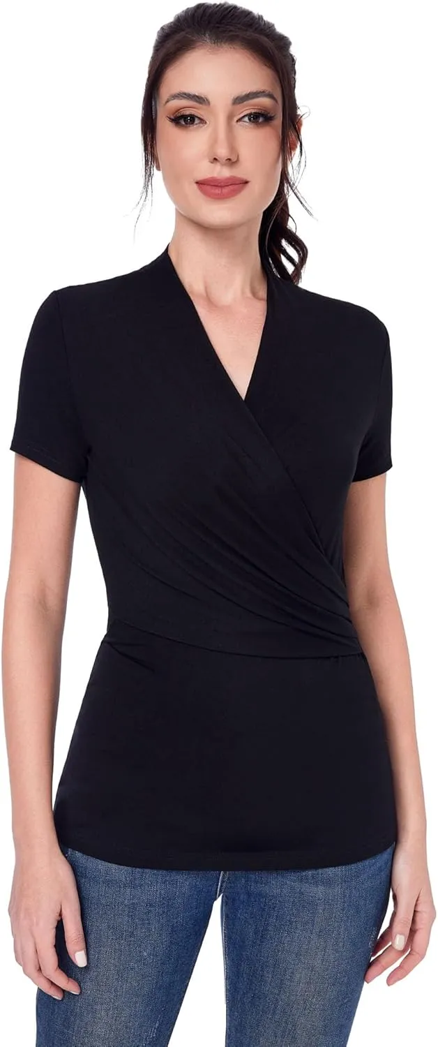 AmlieBoutik Women Casual V Neck Faux Wrap Ruched Side Short Sleeve Slim Fitted Blouse top