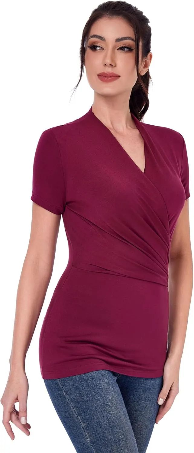 AmlieBoutik Women Casual V Neck Faux Wrap Ruched Side Short Sleeve Slim Fitted Blouse top