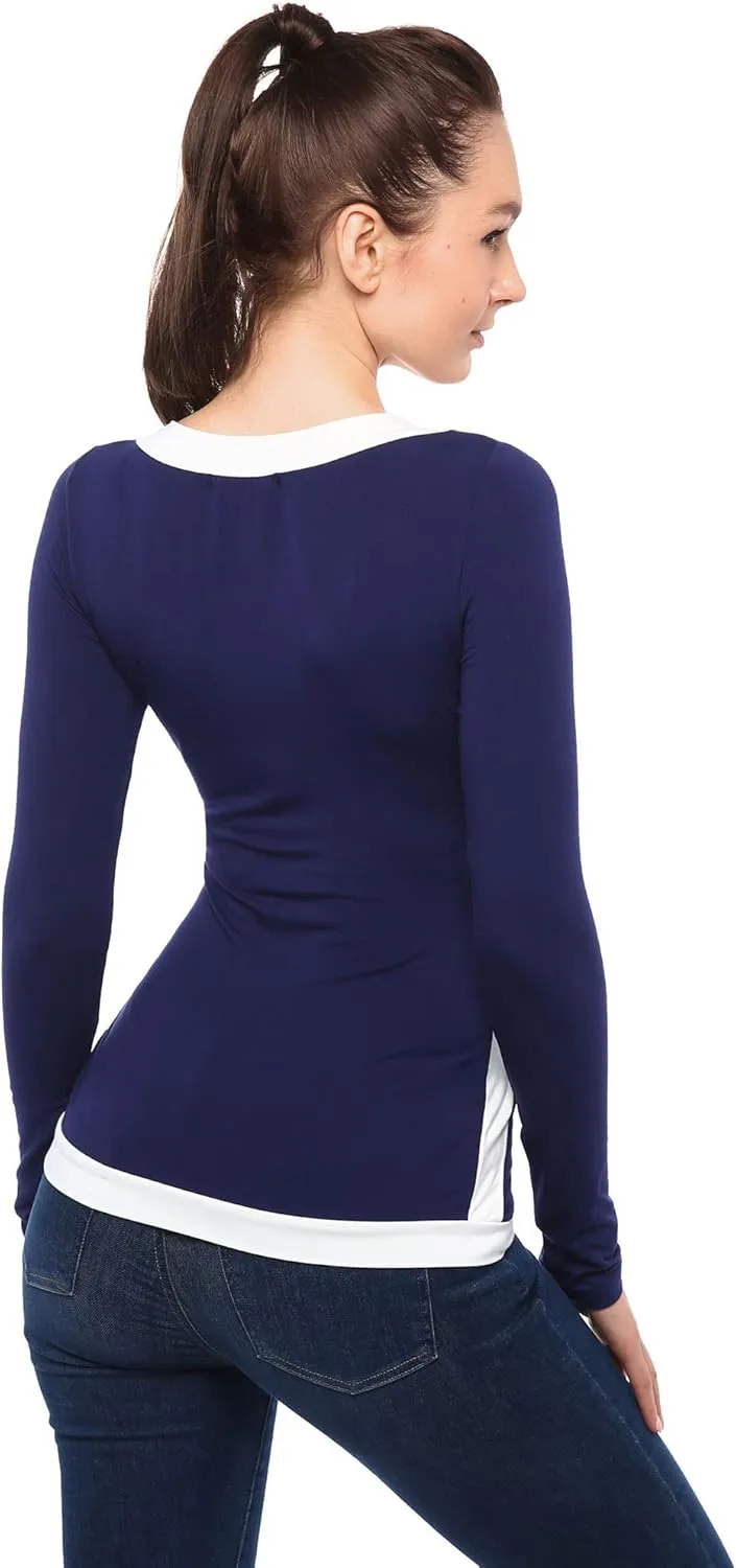 AmlieBoutik Women Color Trim V Neck Faux Wrap Pleated Detail Blouse