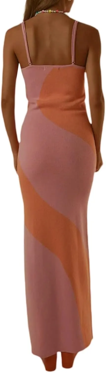 Bodycon Dresses for Women Summer Knit Hollow Out Sexy Night Out Midi Maxi Dress Sleeveless Long Cut Out Dress
