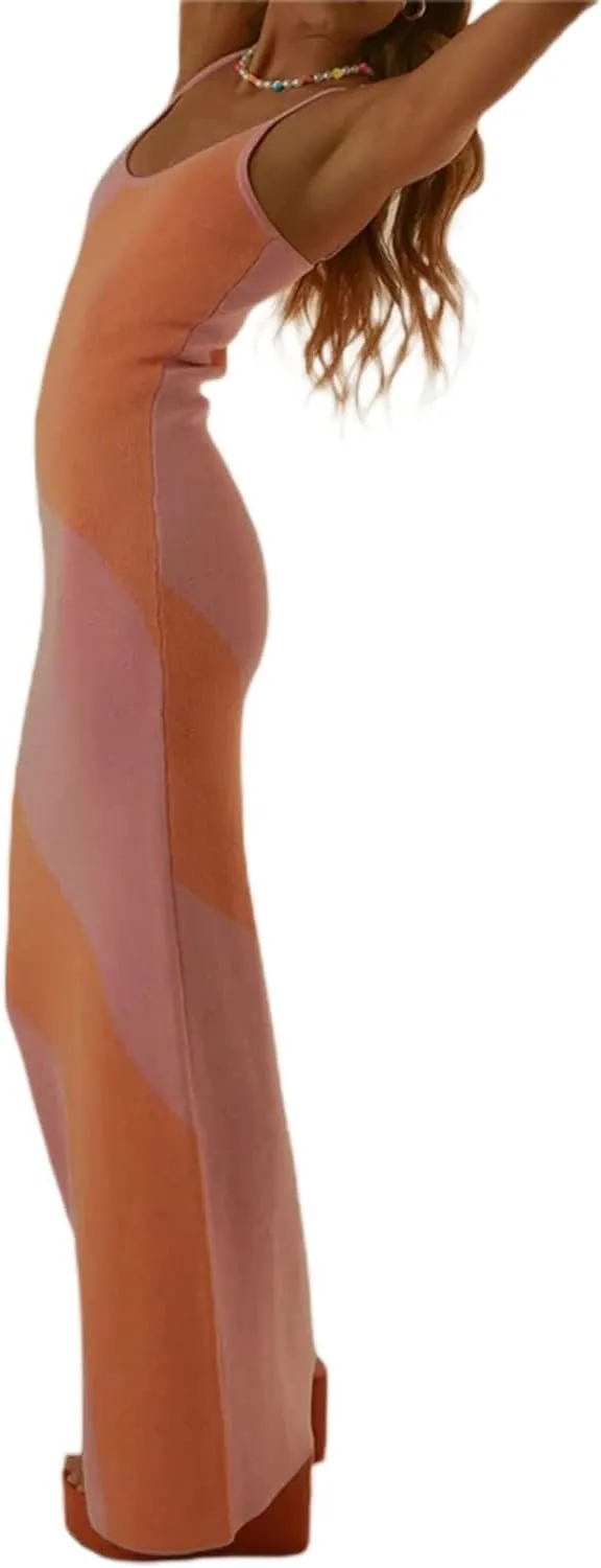 Bodycon Dresses for Women Summer Knit Hollow Out Sexy Night Out Midi Maxi Dress Sleeveless Long Cut Out Dress