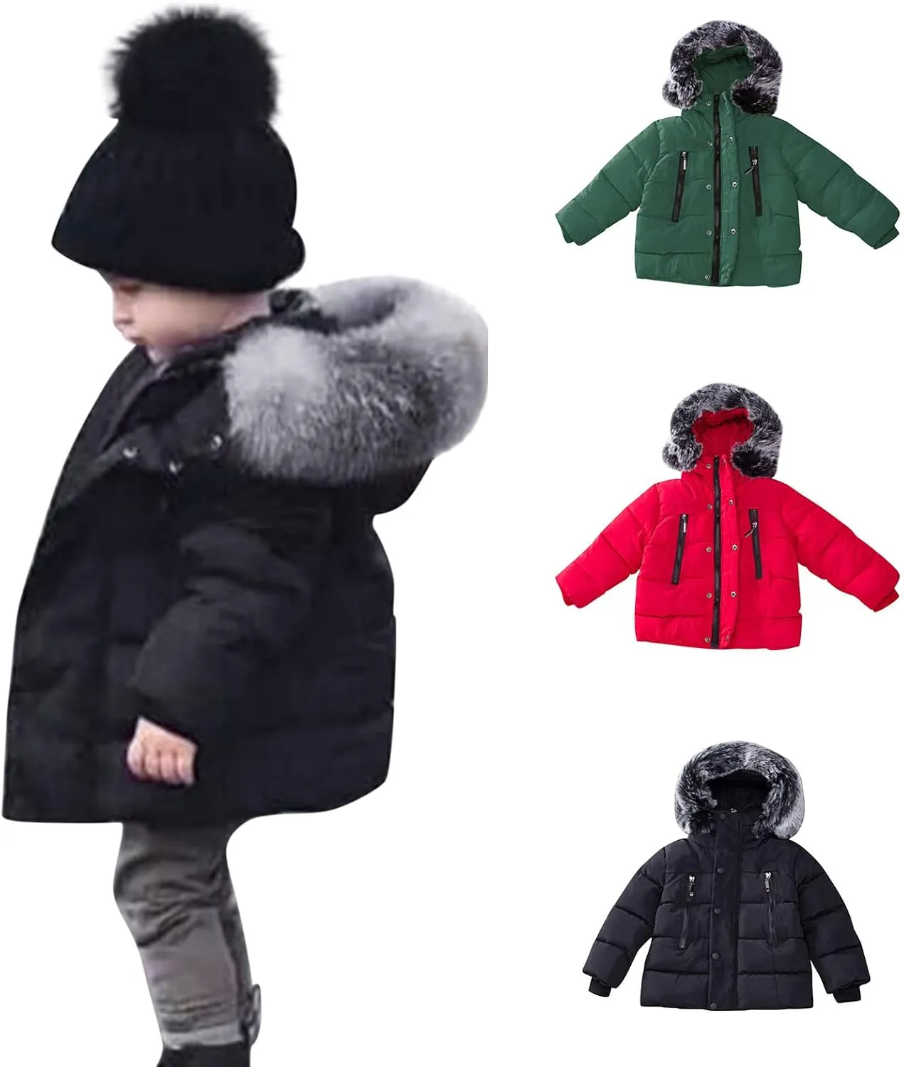 Boys and Toddler's Heavyweight Hooded Puffer Jacket Long Winter Coat Insulated Parka with Faux Fur Collar Down Jacket