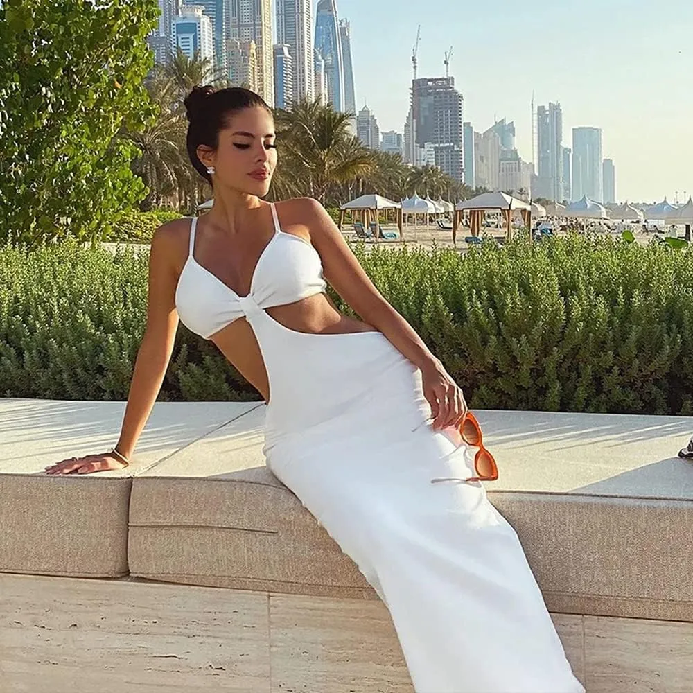 DREAM SLIM-Women's Sexy Spaghetti Straps Knitted Maxi Dresses Cut Out Backless Dress Bodycon Halter Neck Club Party Dress