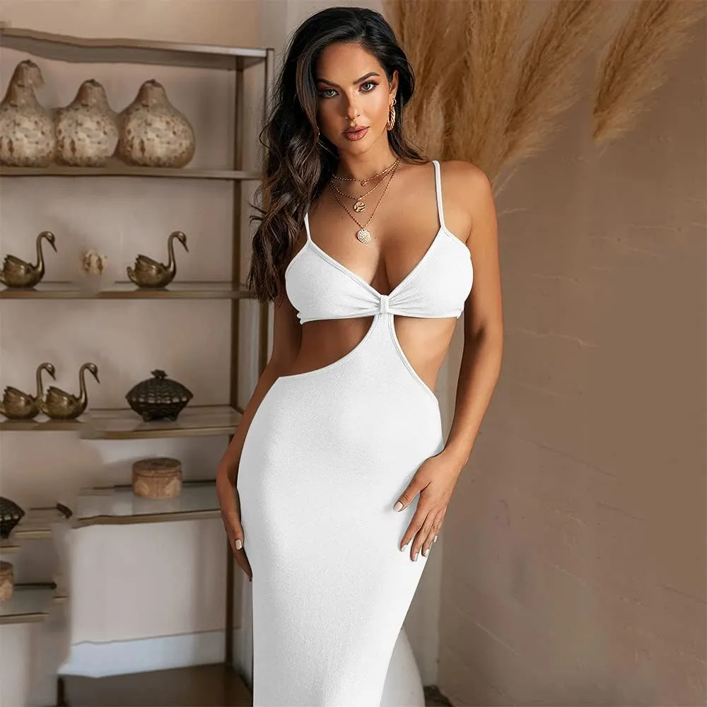 DREAM SLIM-Women's Sexy Spaghetti Straps Knitted Maxi Dresses Cut Out Backless Dress Bodycon Halter Neck Club Party Dress