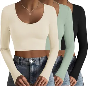 Ekouaer 3 Piece Long Sleeve Crop Tops for Women Scroop Neck Base Layer Basic Thermal Undershirts S-XXL