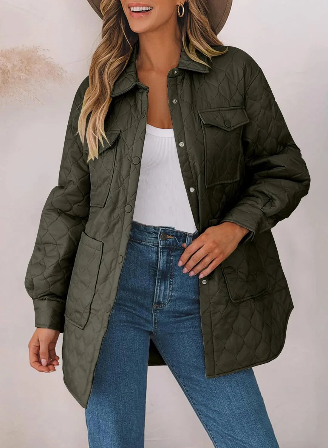 EVALESS Quilted Jackets for Women Lightweight Long Sleeve Button Down Puffer Jacket Warm Winter Coat Outerwear with Pockets