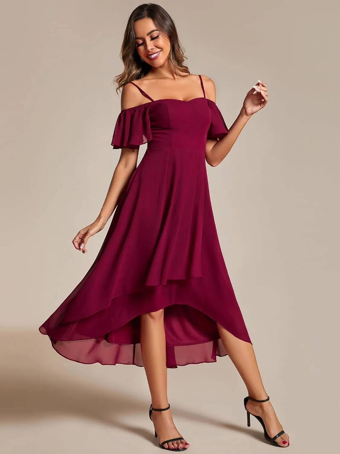 Ever-Pretty Women's Summer Cold Shoulder Hi-Lo Asymmetrical Hem Flowy Chiffon Short Wedding Guest Dress 02103
