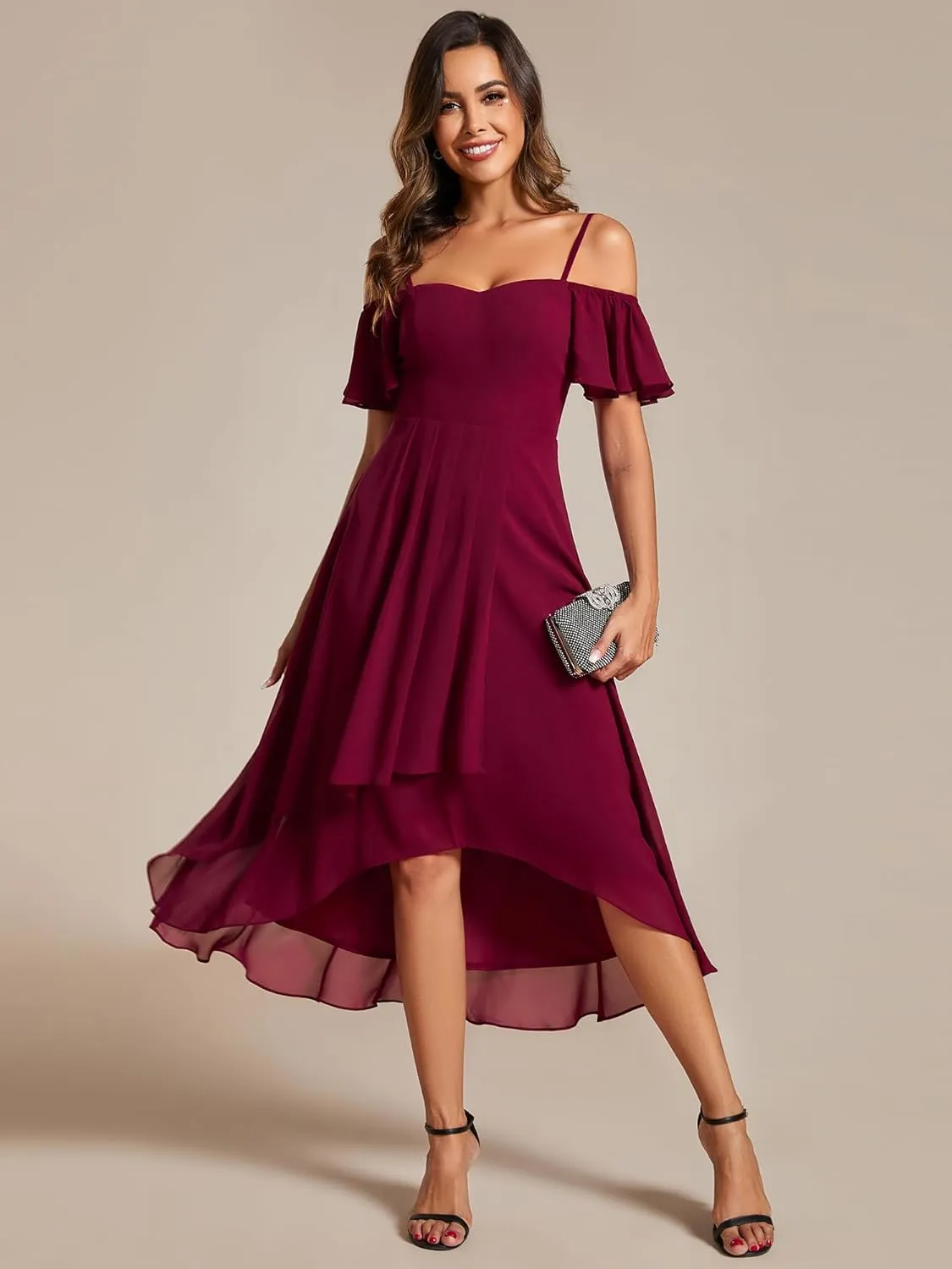 Ever-Pretty Women's Summer Cold Shoulder Hi-Lo Asymmetrical Hem Flowy Chiffon Short Wedding Guest Dress 02103