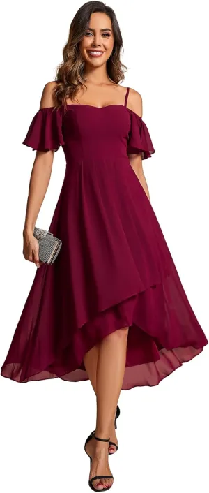 Ever-Pretty Women's Summer Cold Shoulder Hi-Lo Asymmetrical Hem Flowy Chiffon Short Wedding Guest Dress 02103