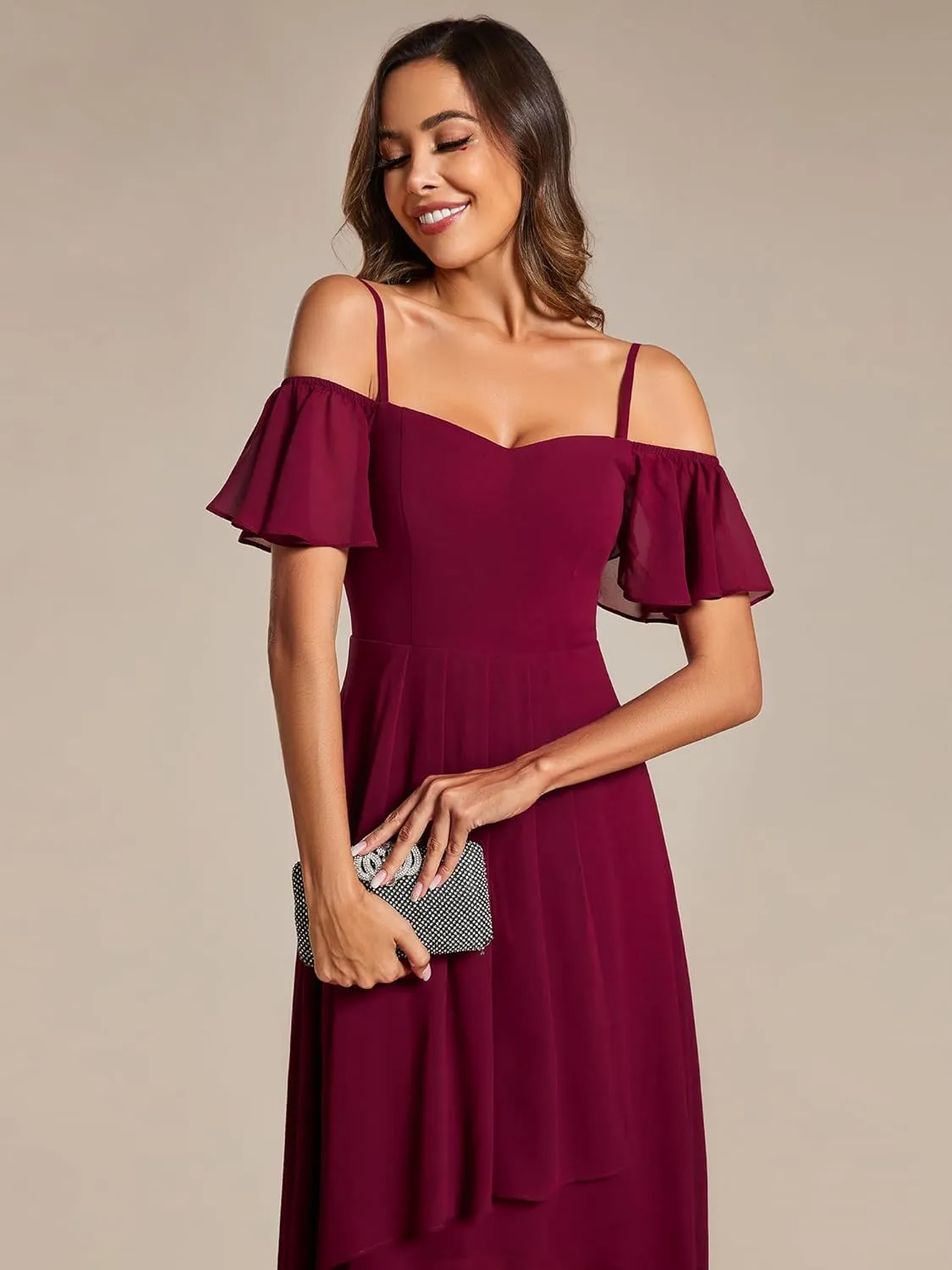 Ever-Pretty Women's Summer Cold Shoulder Hi-Lo Asymmetrical Hem Flowy Chiffon Short Wedding Guest Dress 02103