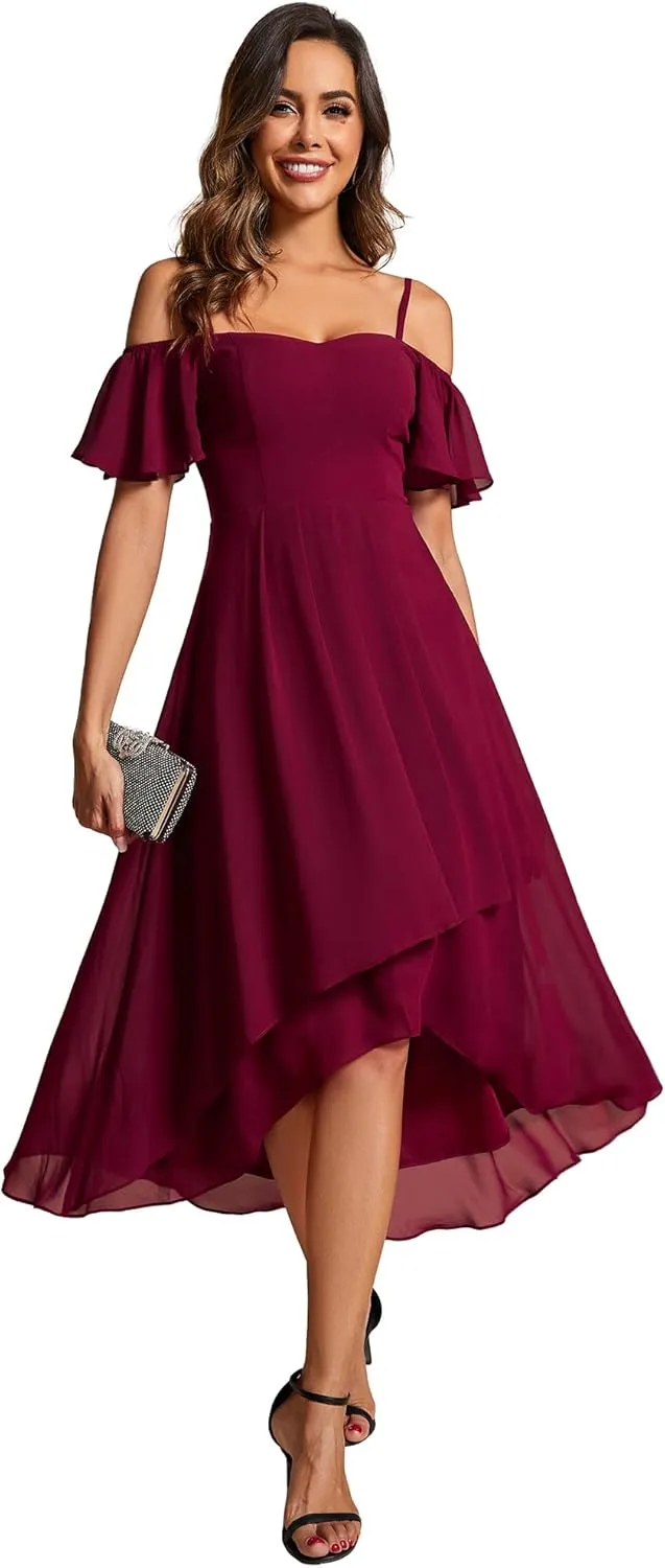 Ever-Pretty Women's Summer Cold Shoulder Hi-Lo Asymmetrical Hem Flowy Chiffon Short Wedding Guest Dress 02103