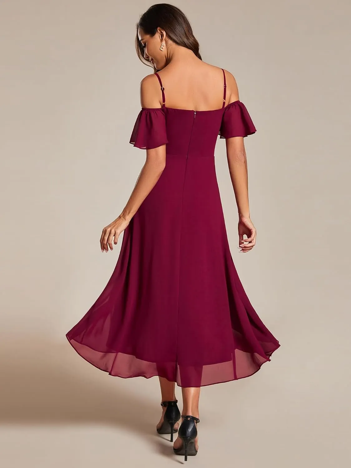 Ever-Pretty Women's Summer Cold Shoulder Hi-Lo Asymmetrical Hem Flowy Chiffon Short Wedding Guest Dress 02103