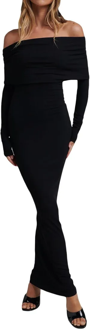 FEORJGP Womens Long Sleeve Rib Knit Long Dress Elegant Crew Neck Ribbed Knitted Midi Dress Solid Color Maxi Dress Streetwear