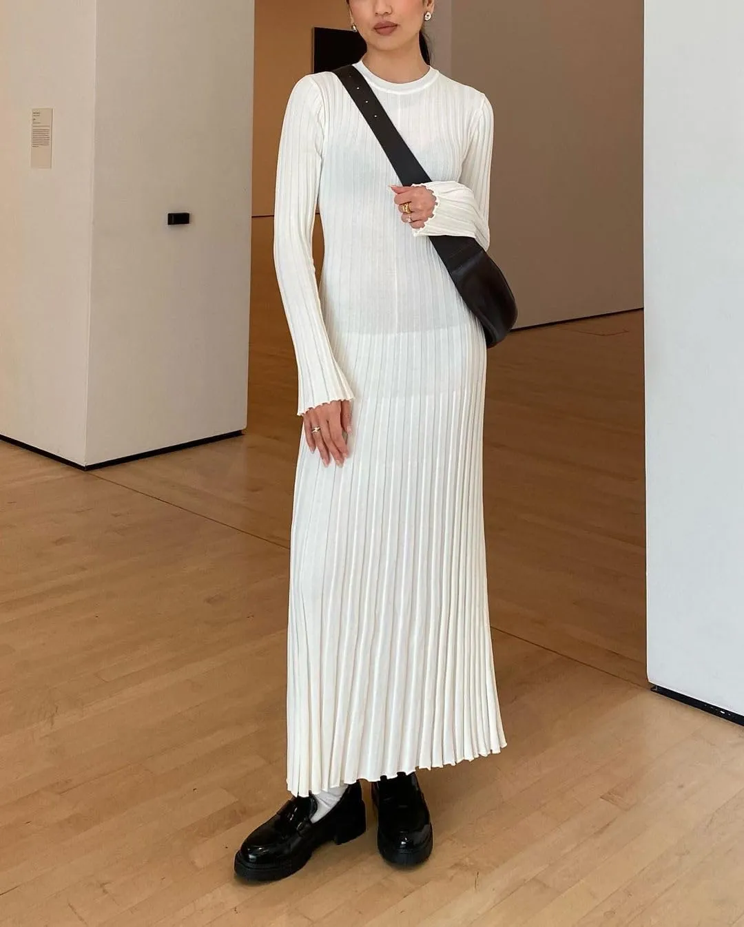 FEORJGP Womens Long Sleeve Rib Knit Long Dress Elegant Crew Neck Ribbed Knitted Midi Dress Solid Color Maxi Dress Streetwear