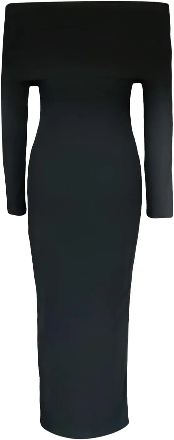 FEORJGP Womens Long Sleeve Rib Knit Long Dress Elegant Crew Neck Ribbed Knitted Midi Dress Solid Color Maxi Dress Streetwear