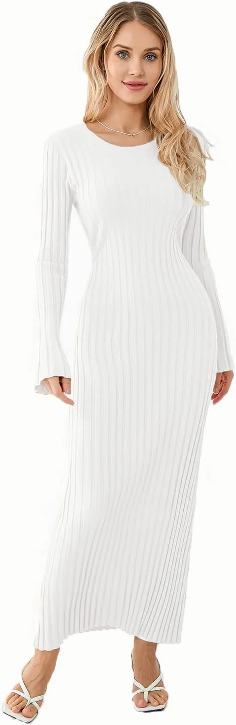 FEORJGP Womens Long Sleeve Rib Knit Long Dress Elegant Crew Neck Ribbed Knitted Midi Dress Solid Color Maxi Dress Streetwear