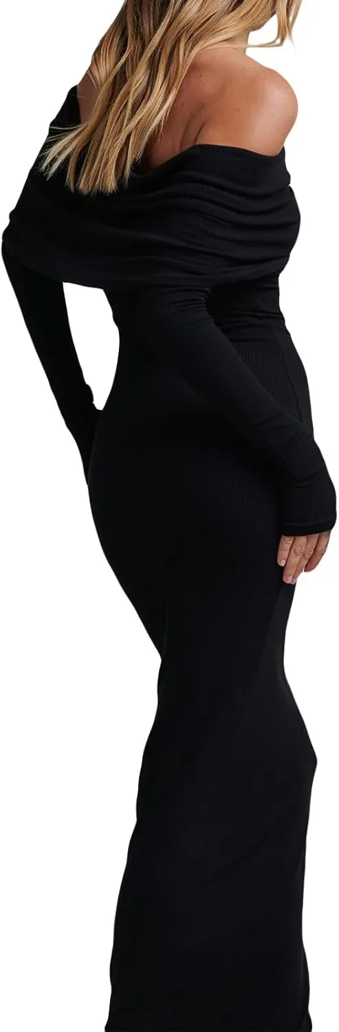 FEORJGP Womens Long Sleeve Rib Knit Long Dress Elegant Crew Neck Ribbed Knitted Midi Dress Solid Color Maxi Dress Streetwear