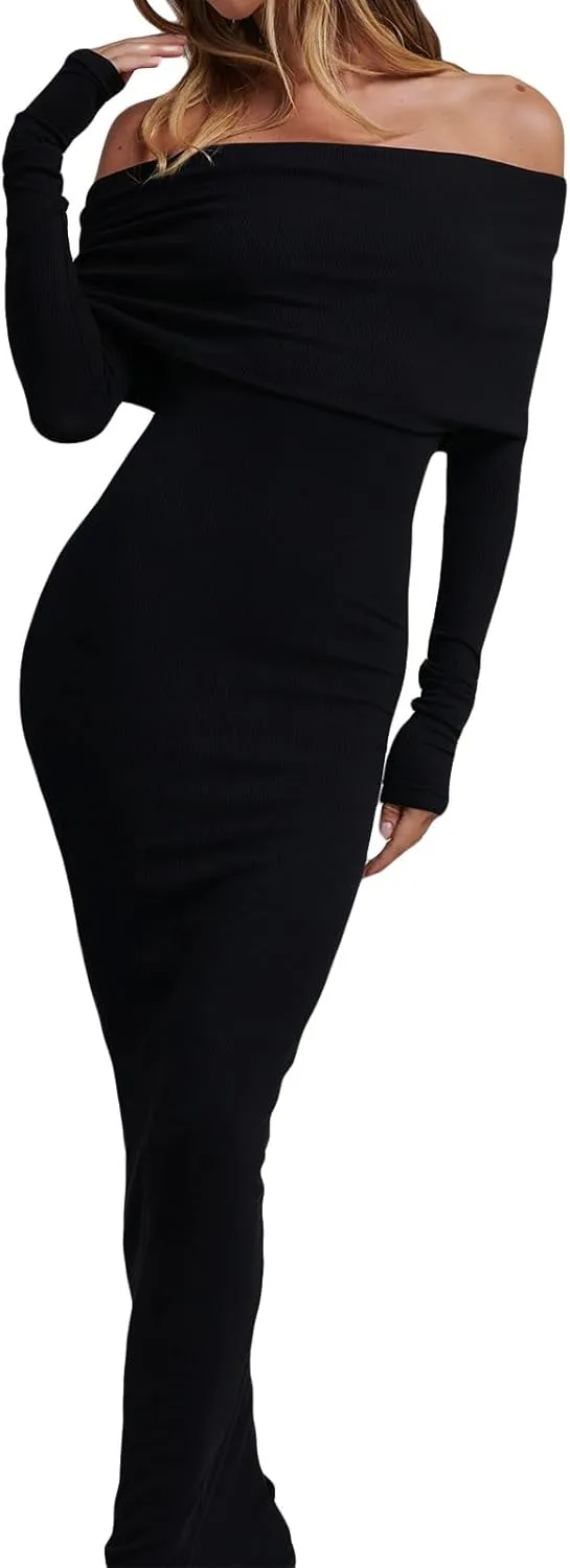FEORJGP Womens Long Sleeve Rib Knit Long Dress Elegant Crew Neck Ribbed Knitted Midi Dress Solid Color Maxi Dress Streetwear