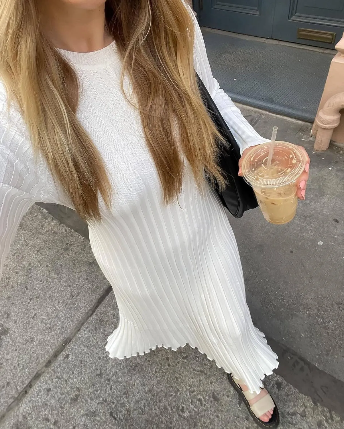 FEORJGP Womens Long Sleeve Rib Knit Long Dress Elegant Crew Neck Ribbed Knitted Midi Dress Solid Color Maxi Dress Streetwear